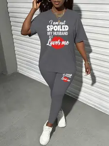 Printed pattern Women's Tee & Skinny Pants Two-Piece Set, Casual Fashion Cozy Round Neck Short Sleeve T-Shirt & Trousers for Daily Outdoor Wear, Ladies Summer Clothes