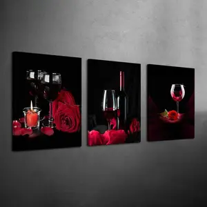 3 Counts Wood Framed Canvas Red Wine Rose and Candle Wall Art, Romantic Home Decor, Ready To Hang, Waterproof Canvas Wall Art, Artwork Wall Painting For Gift, Wall Picture for Kitchen, Dining Room, Living Room, Bedroom, Corridor