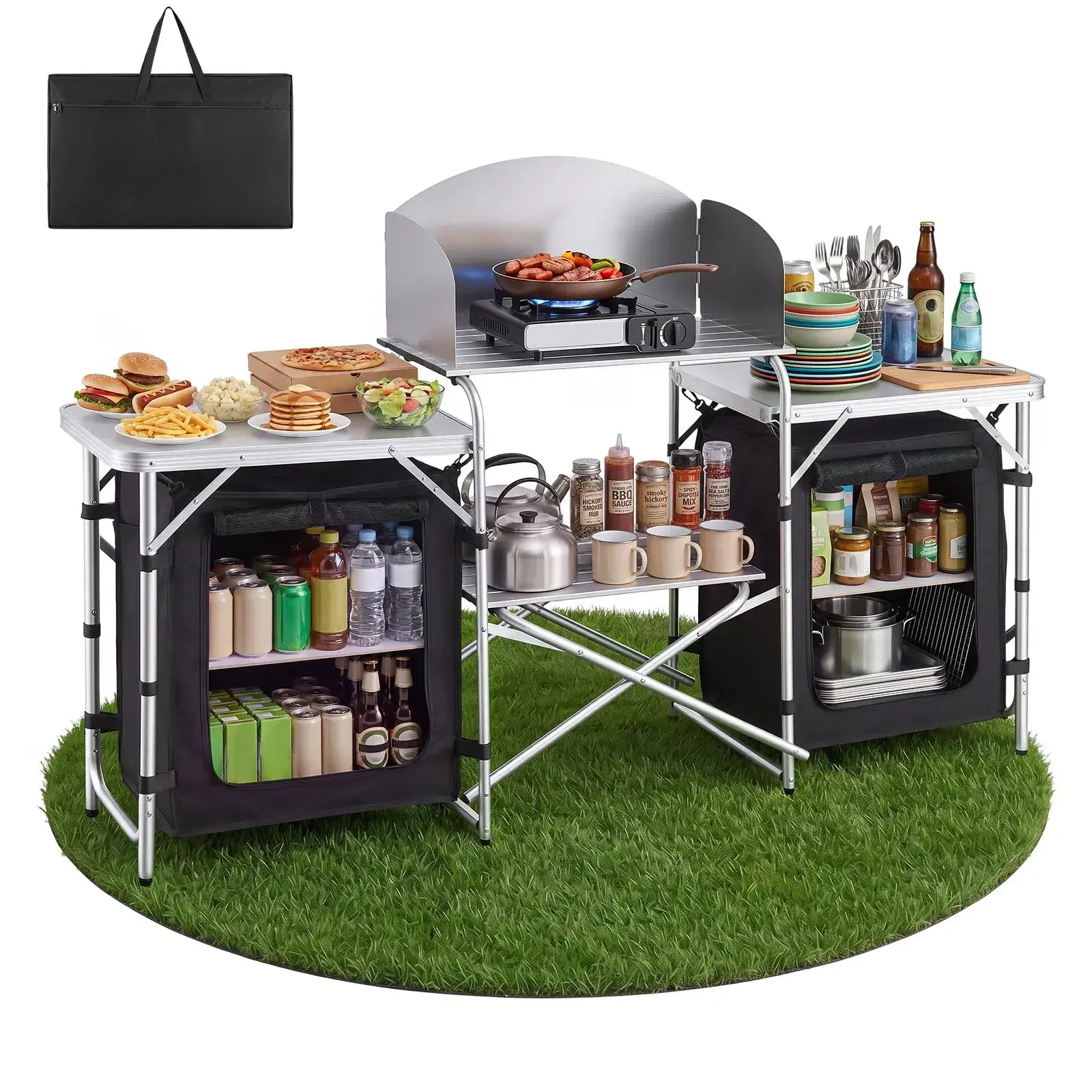 2-Tier Outdoor Folding Camping Kitchen Table, Portable Quick Setup Cook Station with Roll-Up Aluminum Tabletop, Windshield & Dual Side Tables, Waterproof Oxford Storage Organizer with Zippered Carry Bag for BBQ Camping Party
