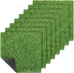 8 Packs Artificial Grass Mat 12 x 12 Inch Squares Fake Grass Mat Synthetic Turf Patch Realistic Grass Rug Artificial Grass Tiles with Drain Hole for DIY Indoor Outdoor Decoration, Grass Green
