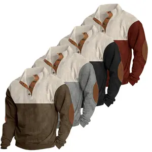 Men's half placket buttoned stand collar striped patchwork sweater suitable for spring and autumn