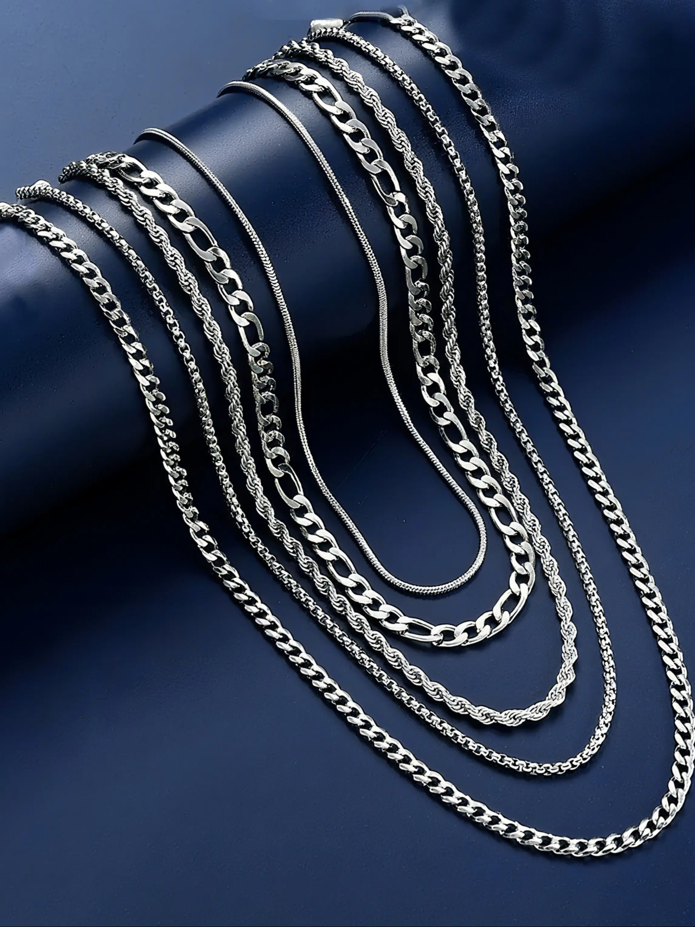 5-Piece Stainless Steel Cuban Link Design Chain Necklace Set, Casual Fashion Jewelry for Men & Women, Perfect Gift for All Occasions