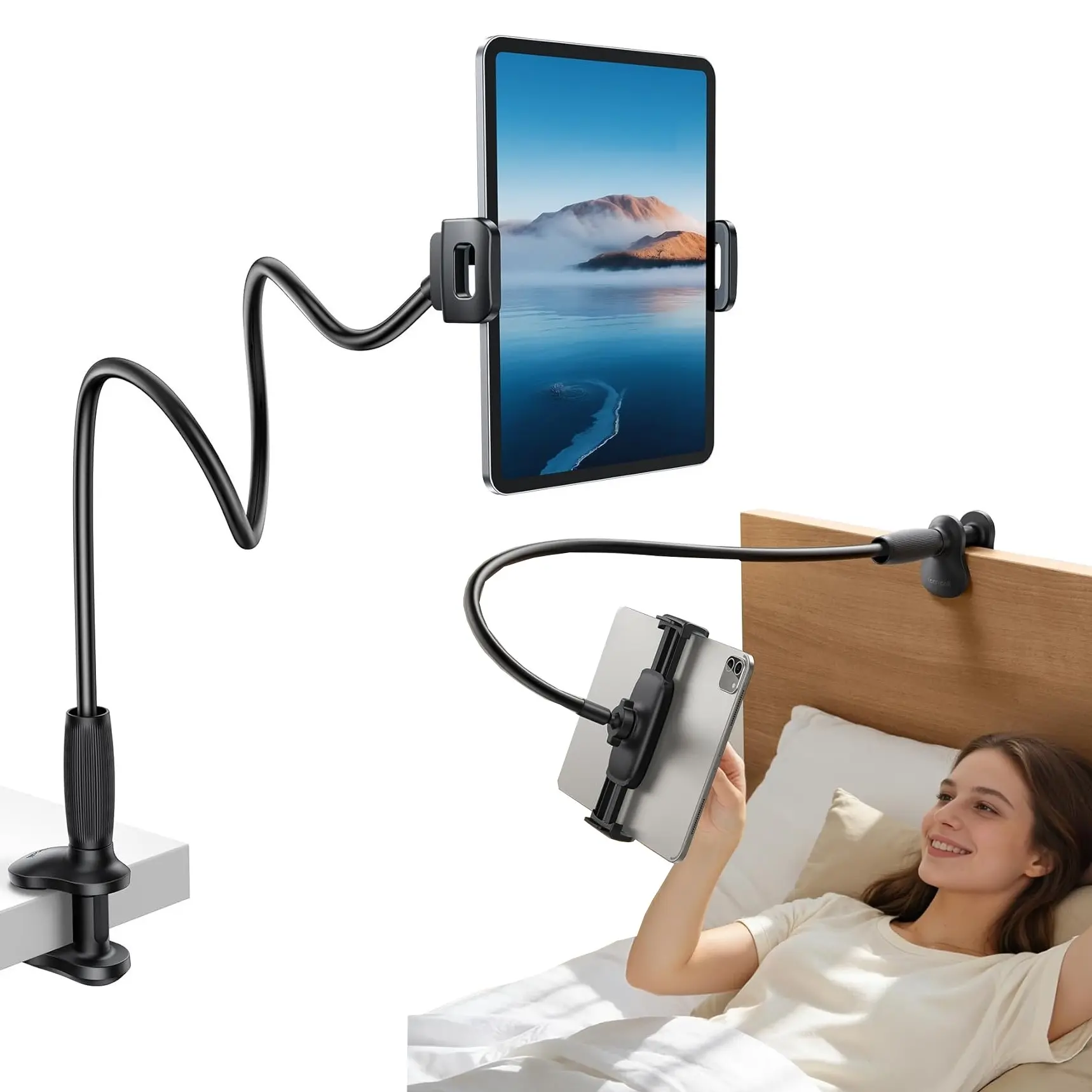 Gooseneck Bedside Tablet & Cellphone Holder, Clamp Mount with Tapered Flexible Arm, Fully Adjustable Stand for Reading, Fits 4.7-13" iPad, Kindle, Switch, Galaxy, iPhone
