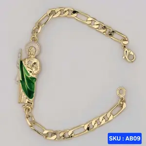 Saint Jude Bracelet 8 inches Long (San Judas), San jude Plate 16mm wide 45mm long, Chain Figaro link 6mm wide plain  Laminated Gold jewerly SKU : AB09