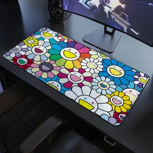 Murakami Flower Desk Mat, Pop Art Mousepad XL XXL, Kawaii Cartoon Sunflower Extra Large Desk Mat
