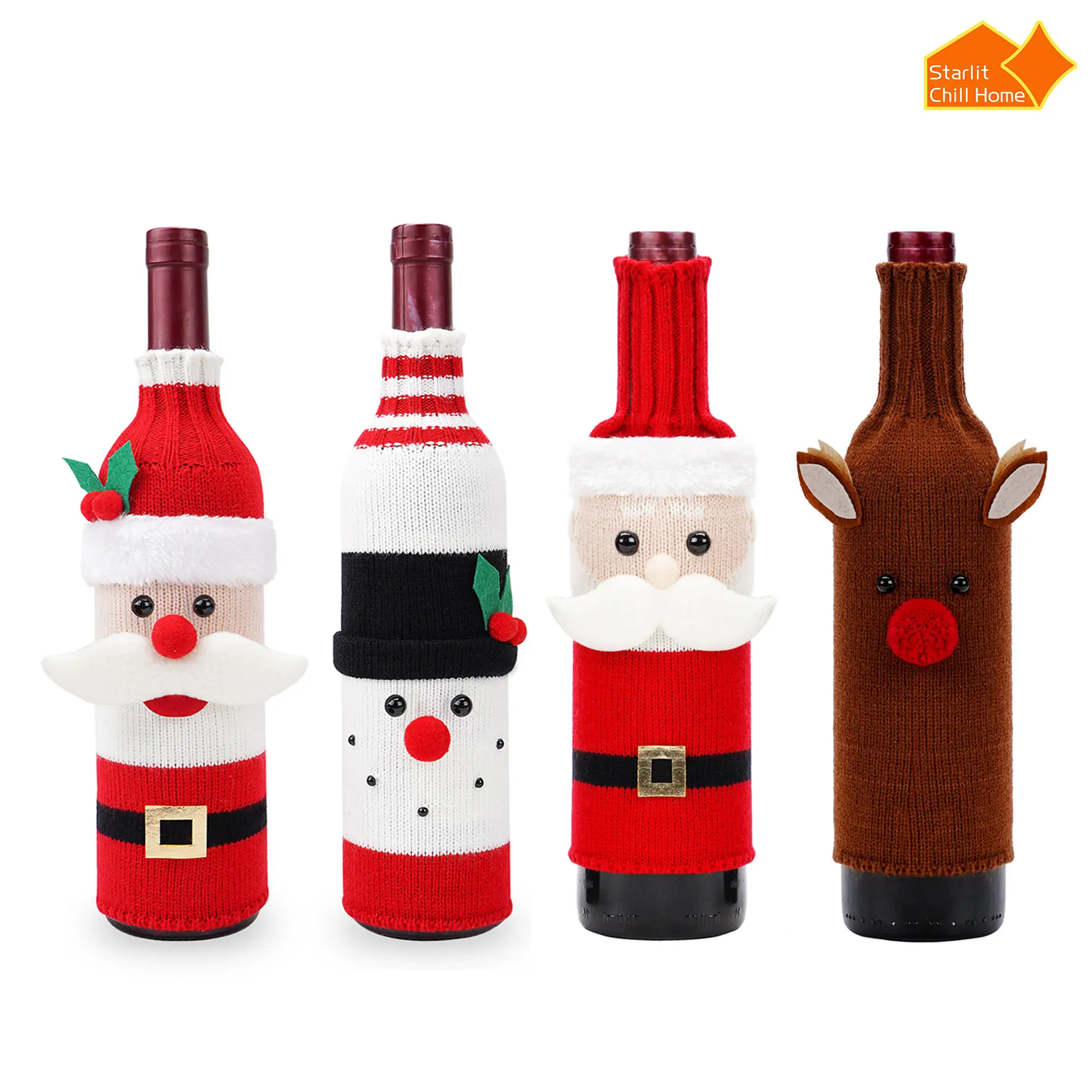 Knit Multicoloured Christmas Wine Bottle Ornaments Set - Santa Claus, Reindeer, Snowman Decor Pieces, Americana Aesthetic Festive Party Table Accent, Holiday Gift Essential