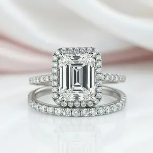 4.0ct Halo Emerald Cut Wedding Ring Set