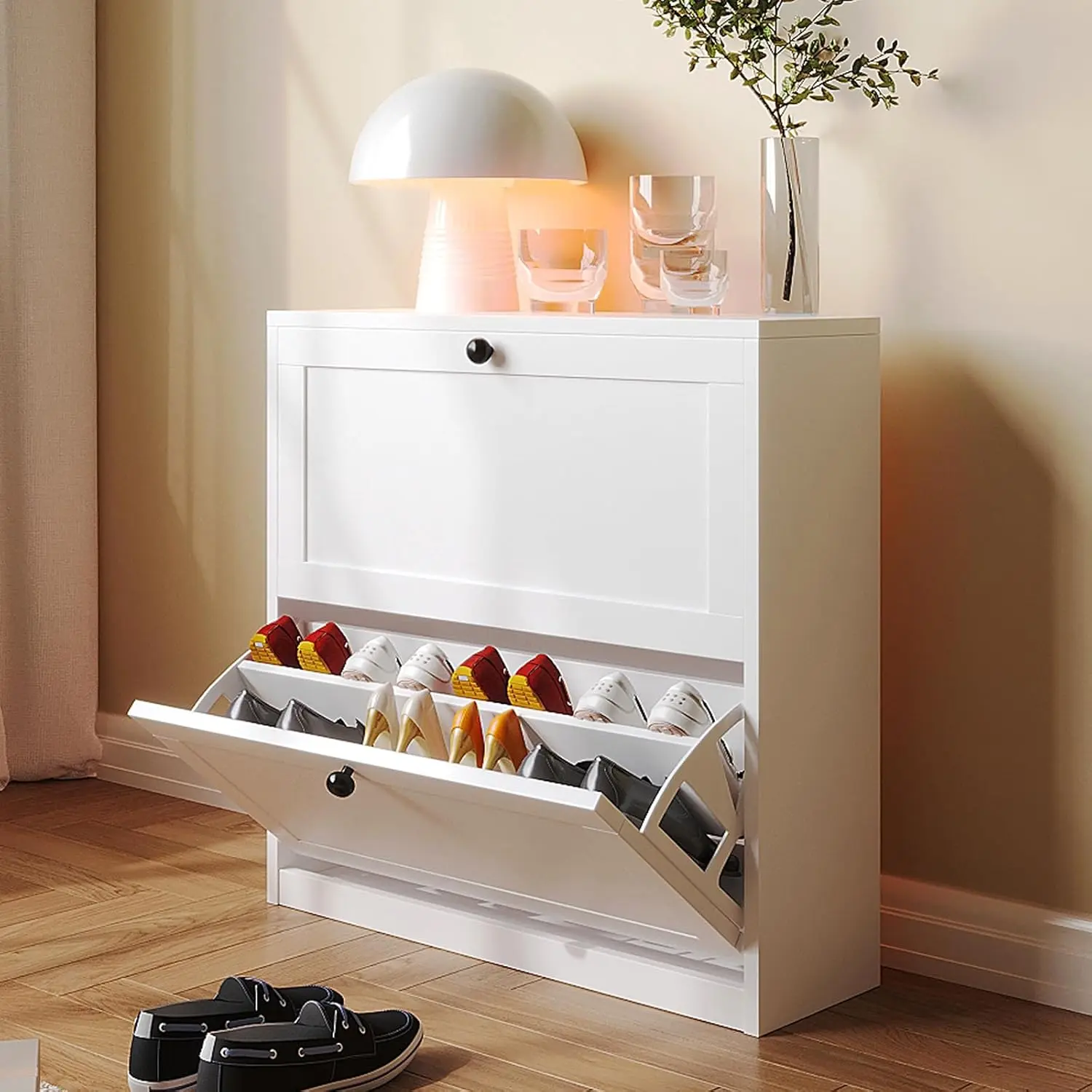VOWNER Space-Saving Freestanding Shoe Cabinet, Shoe Rack Organizer - 2 Flip Drawers, Adjustable Shelf, Anti-Tipping Device - for Entryway, Hallway, Shoe Organizer, Pre-Built Shoe Racks,dorm essentials,home decor
