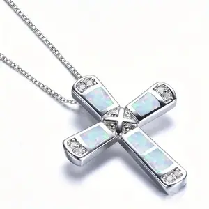 Women's Silver-Plated Opal Cross Pendant Necklace - Cubic Zirconia Accented, Adjustable, Tarnish Resistant, Tarnish Proof Jewelry, Everyday Stackable Religious Necklace