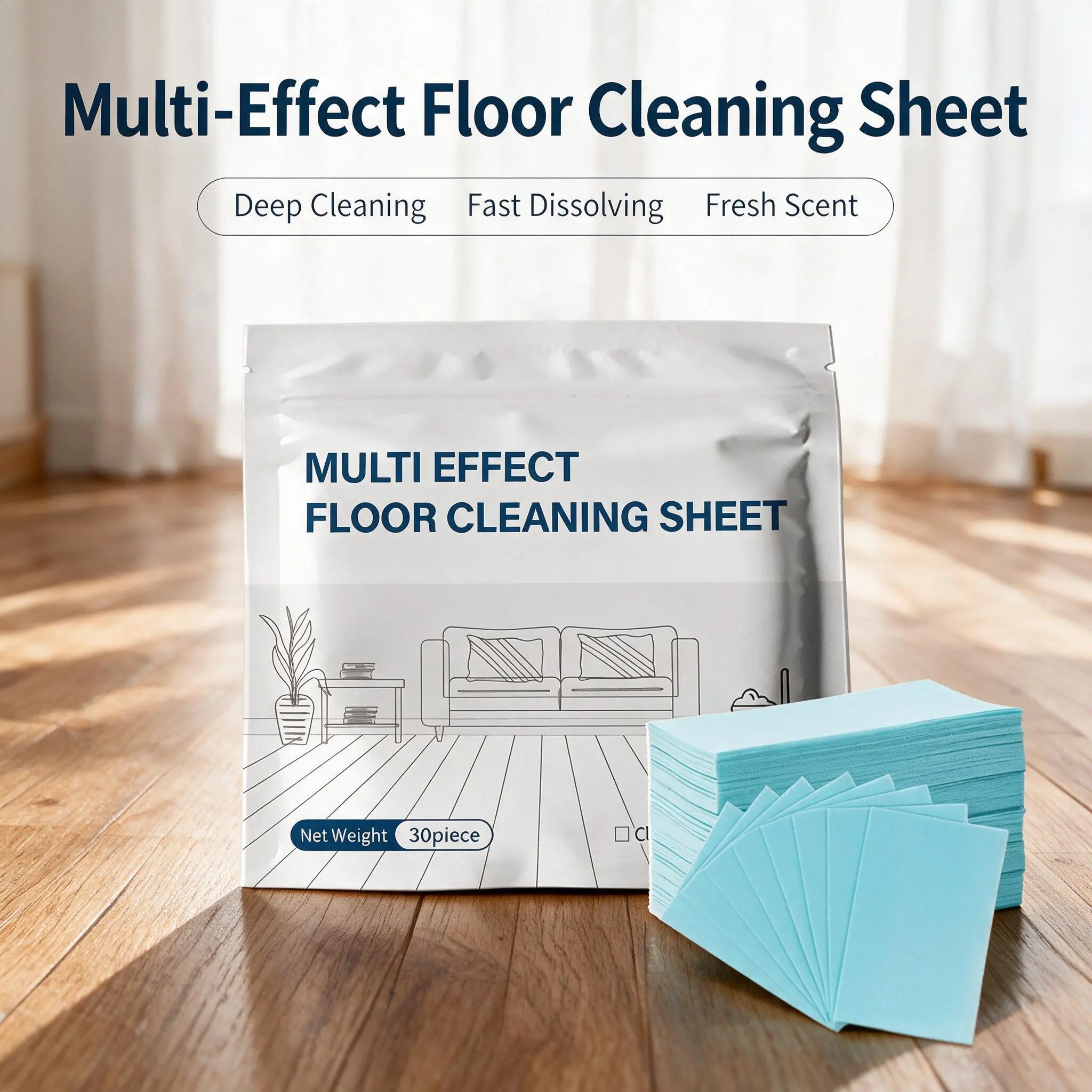 Multi‑Effect Floor Cleaning Sheets, Concentrated Floor Cleaner Sheets for Mopping, Deodorizing & Sanitizing, Kid & Pet‑Safe, Removes Grease, Stains & Musty Odors, for Hardwood, Tile, Vinyl Floors