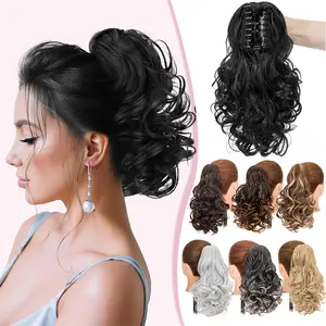 14 Inch Claw Clip Ponytail Extension, Short Curly Blonde Auburn Ombre Claw Clip In Ponytail Extension Highlight Wavy Pony Tails Hair Extensions Synthetic Jaw Claw Ponytail Hairpiece For Women Daily Festival Use