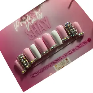 Pretty Nails SHAY Pink Rhinestone Press On Nails Medium Length Elegant Design Easy Application & Removal for Various Occasions