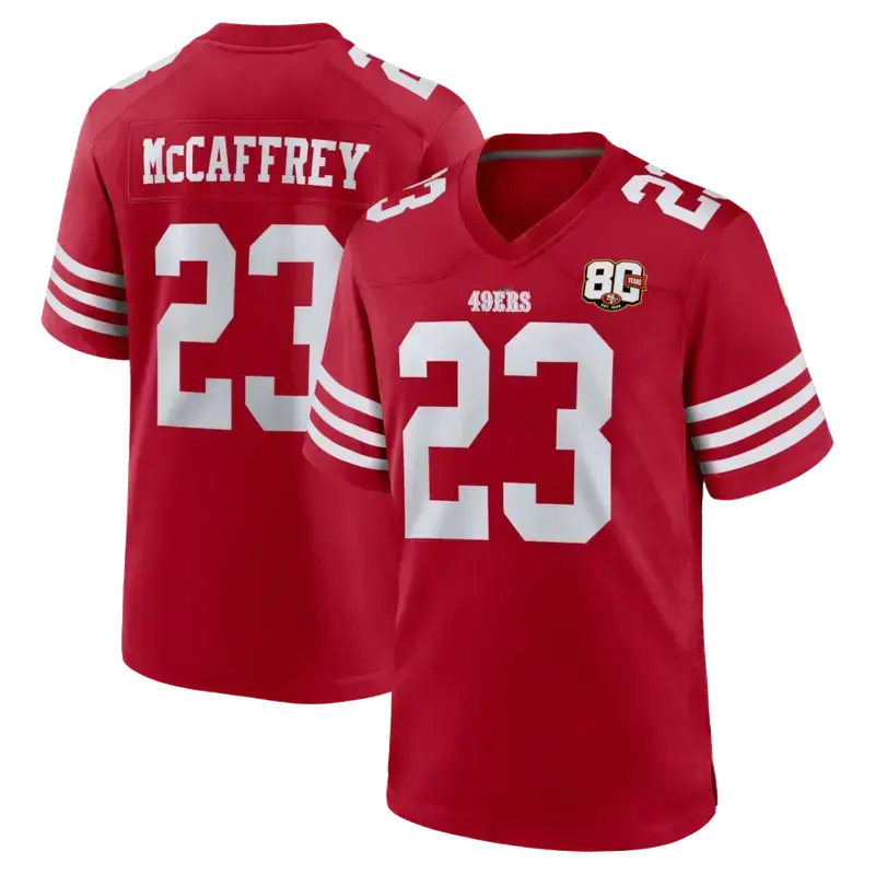 McCaffrey #23 Football Jersey 2026, Full Logo Printed Fan Edition Shirt, 80th Anniversary Alternate Game Day Jersey, Custom Football Sportswear for Men Women
