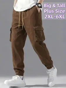 Men'S Plus Size Textured Corduroy Straight-Leg Pants for Spring And Autumn, Featuring a Drawstring Elastic Waistband, Suitable for Casual, Sports, And Hiking Activities, Big and Tall Trousers with Pocket
