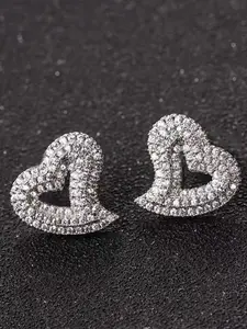 1 pair Silver - Tone Copper Twisted Heart Shaped Earrings: Pave - Set CZ, Cubic Zirconia, Chic Asymmetric Design for Daily Glam & Date Nights