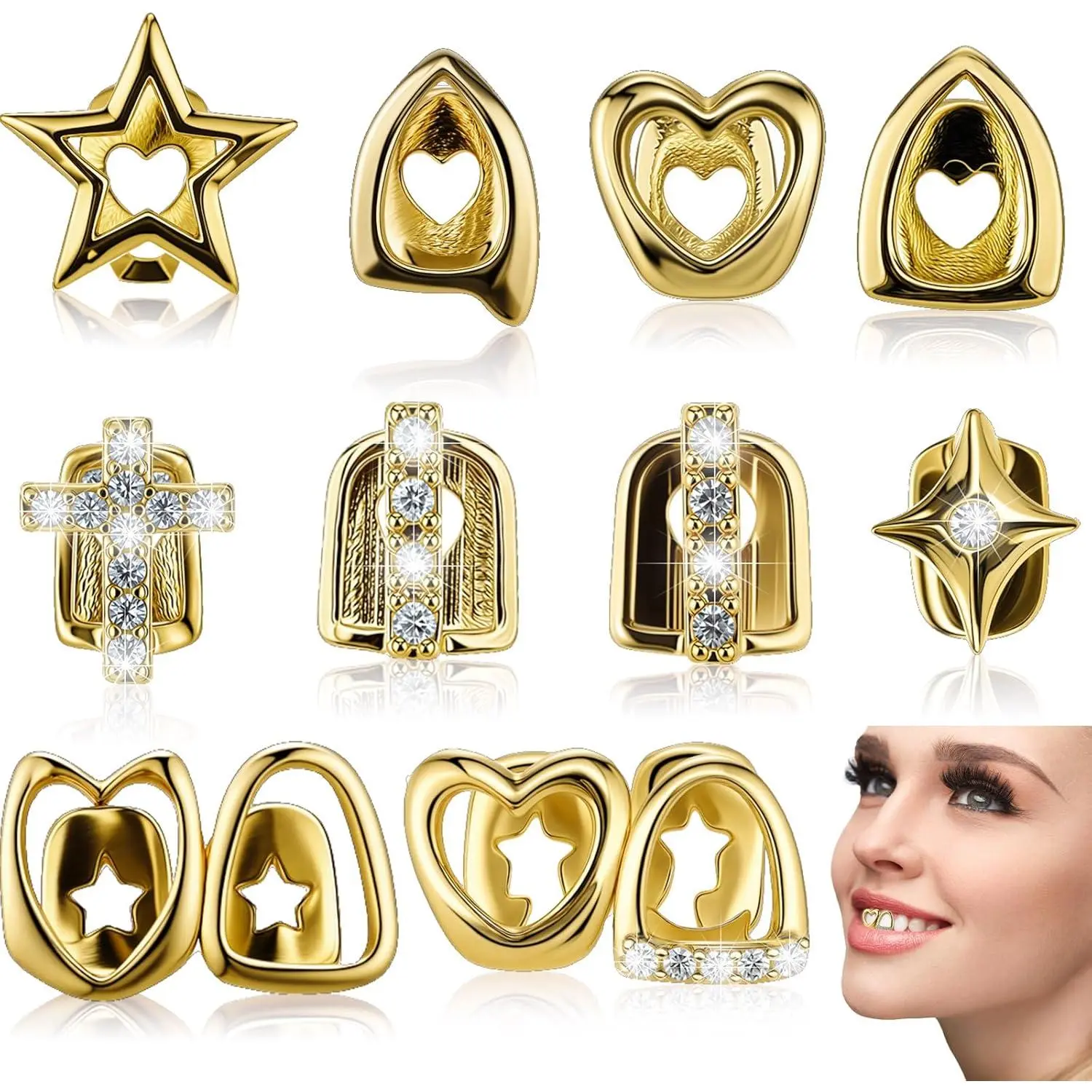 9 Pcs Grill for Women Gold Plated Grills for Teeth Punk Cross Hollow Heart Star Tooth Single Grill Cap Hip Hop Jewelry Gift for Women Men Rapper Halloween Costume Cosplay