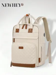 WOMEN'S 15.6 INCH LAPTOP BACKPACK WATERPROOF NYLON TRAVEL BACKPACK WITH TSA LAPTOP COMPARTMENT & USB PORT, BLACK BEIGE, Quilted Laptop Backpack