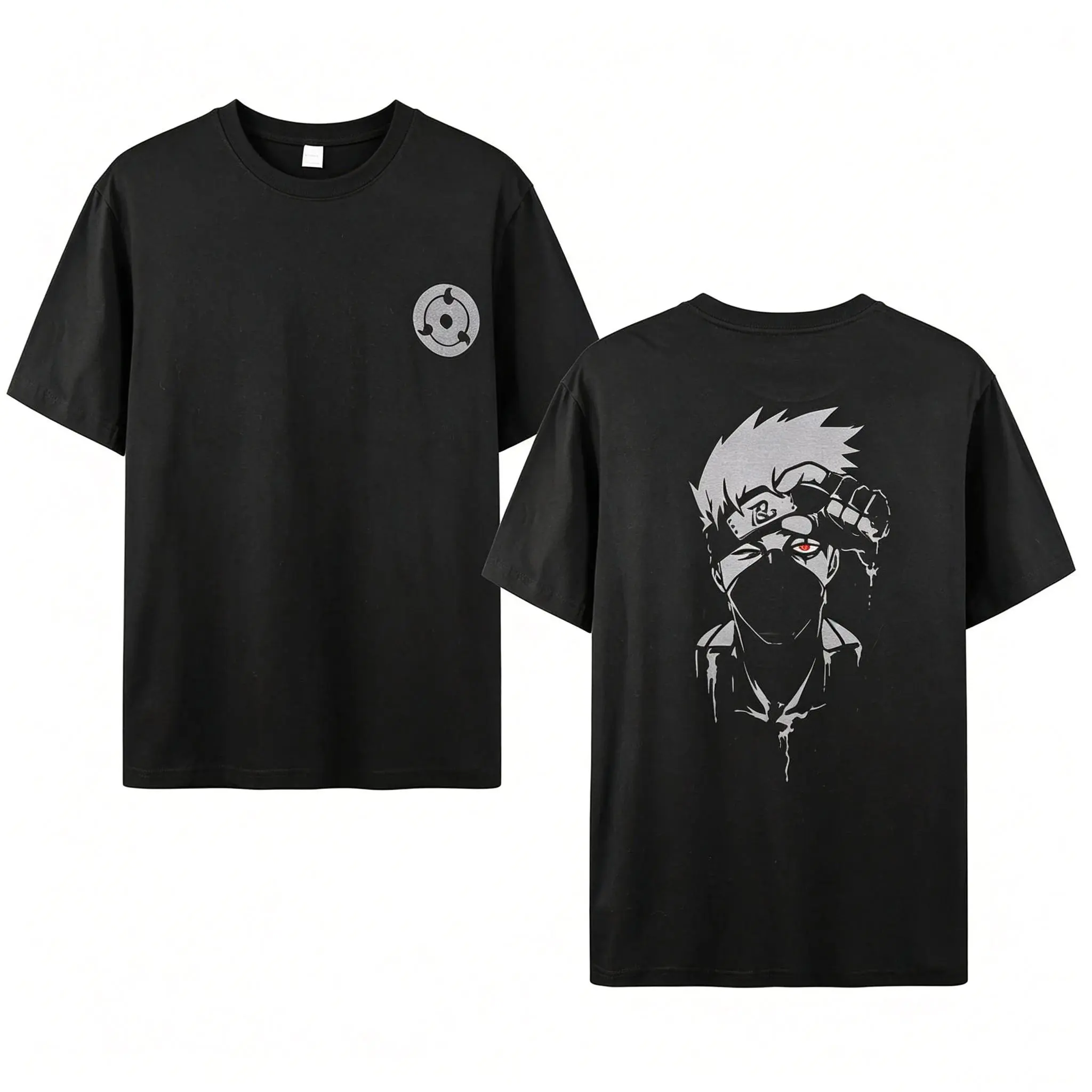 Men's Naruto Kakashi Graphic Tee - Baggy Oversized Cargo Cotton Shirt, Short Sleeve Relaxed Fit Otaku Style Top with Dark Silhouette Sharingan Print, Graphic Print, Athletic, Chic, Korean, Round Neck, 3Xl, Streetwear, Shortsleeve, Casual, Menswear
