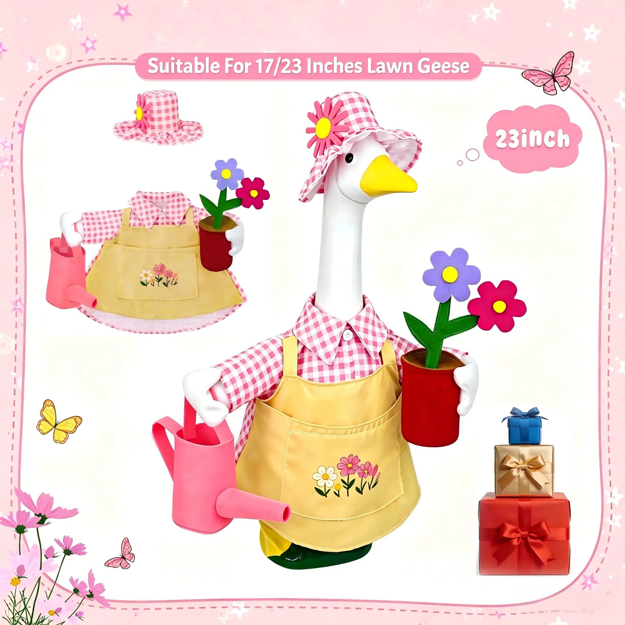 17" & 23" Polyester Fabric Pink Plaid Goose Costume Set for Gardener - Includes Floral Apron, Shirt, Sun Hat, Watering Can, Potted Flower Prop, Outdoor Lawn Porch Statue Costume Decoration