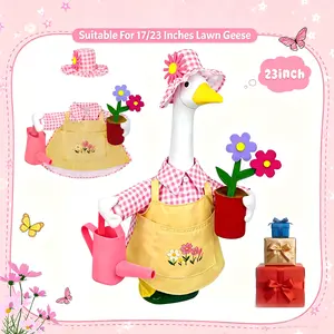 17" 23" Pink Plaid Gardener Porch Goose Costume, Floral Apron Outfit with Sun Hat Watering Can Flower Pot, Outdoor Lawn Goose Statue Decor