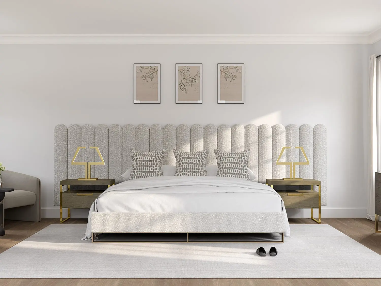 20-Panel Rectangular Wood Scalloped Upholstered Headboard Set, Wall Mount with Anchorless Screws, Navagio Layout, Foam Batting - 7.8"x46" Each, 156"w x 46"h Total