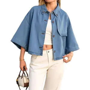 Womens Cropped Denim Jackets Casual Button Down Jean Shirt Shacket Loose 3/4 Sleeve Coat with Pockets