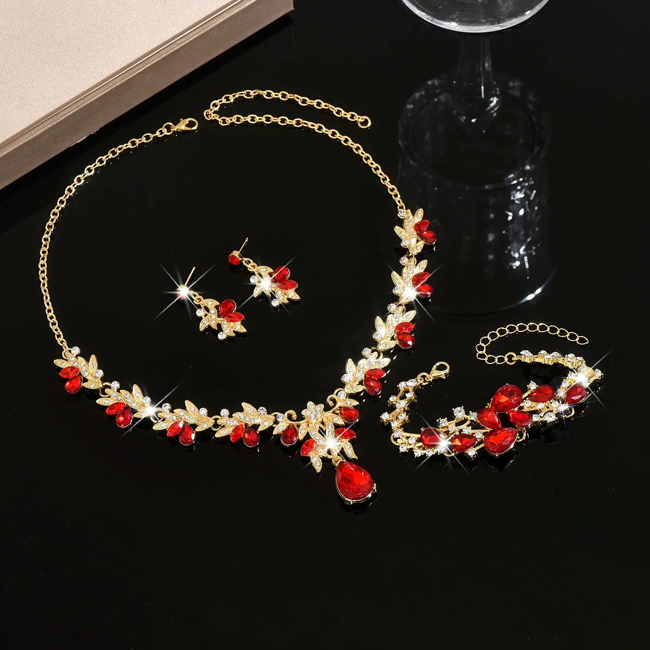 Eco-Friendly Fashion Jewelry Set - Shimmering, Stylish Flowers Crystal Water Drop Bridal Necklace, Earrings & Bracelet, Flowers Jewelry Sets, Shimmering Jewelry Sets