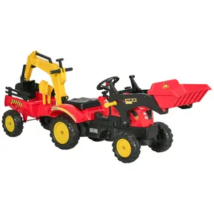 3-in-1 Durable Kids Ride-On Excavator-Bulldozer, 6-Wheel Pedal Digger Toy with Forward-Back Movement and Detachable Cargo Trailer