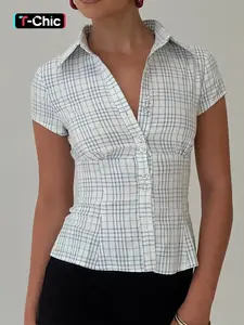 Women's Plaid Print Curved Hem Short Sleeve Blouse, Button Up Shirt, Casual Bishop Sleeve Top for Summer, Ladies Clothes for Daily Wear