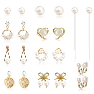 HYmoso 10 Pairs Mixed Sizes Pearls Stud Hypoallergenic Pearl Silver Earrings Set for Women, Classical Heart Pearl Dangle Drop Earrings, Wedding Party Daily Jewelry Accessory ,Christmas halloween birthday valentine gift