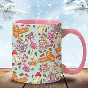 Funny Mug Cottagecore Mushrooms Pattern Ceramic Coffee Mug Drinkware Glossy 15oz Reusable Washable Black Ergonomic C-Handle