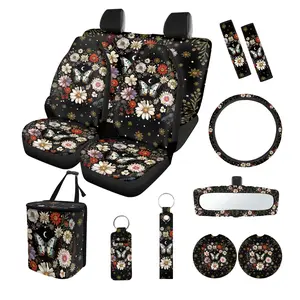 Butterfly Car Seat Cover for Women Universal Auto Steering Wheel Cover Set Garbage Bag Keychain Coaster Durable Non Slip Car Accessories Protector