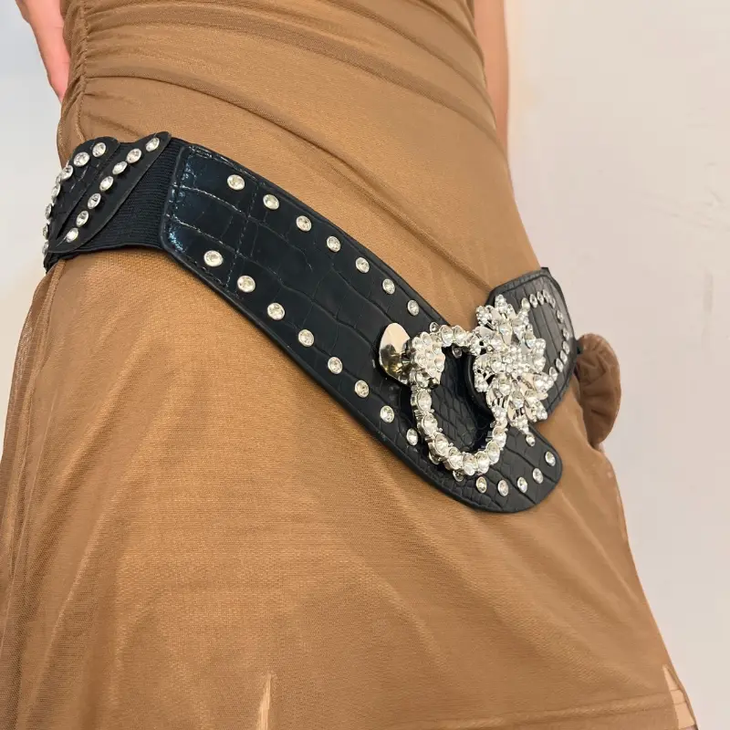 Women's Rhinestone Waist Belt, Adjustable PU Leather Elastic Band with Alloy Buckle, Street Style Accessory for Date Night Outfits & Wedding Parties