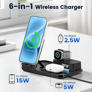Tuovoim 6-in-1 Wireless Charging Station with Box Speaker, 15W Fast Charger, RGB Mood Light, Digital Clock, Adjustable Cable for iPhone 15/14/13, Apple Watch, AirPods, Mobile/Cellphone, Electronic Devices, Portable USB Charger