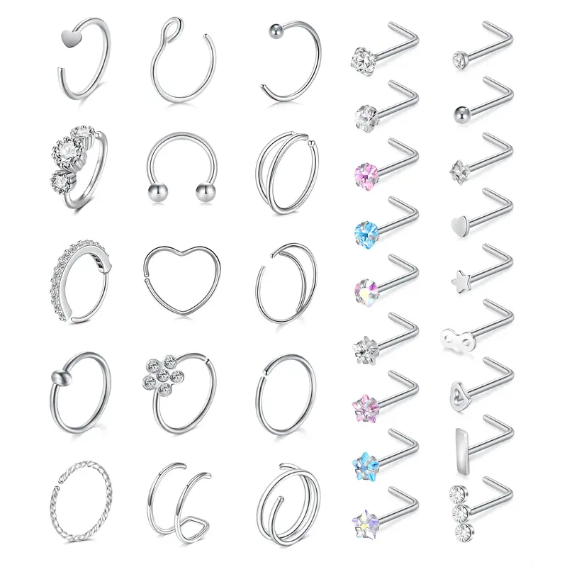 20G Stainless Steel Nose Rings for Women Nose Rings Hoops L Shaped Nose Studs Screw Nose Piercing Jewelry Silver Gold dainty nosering