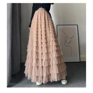 Women's mesh patchwork cake skirt with solid color ruffled hem and layered design, an elegant and beautiful high-waisted long skirt, suitable for vacations and holiday parties, a women's bottom suitable for all seasons, women's long skirt