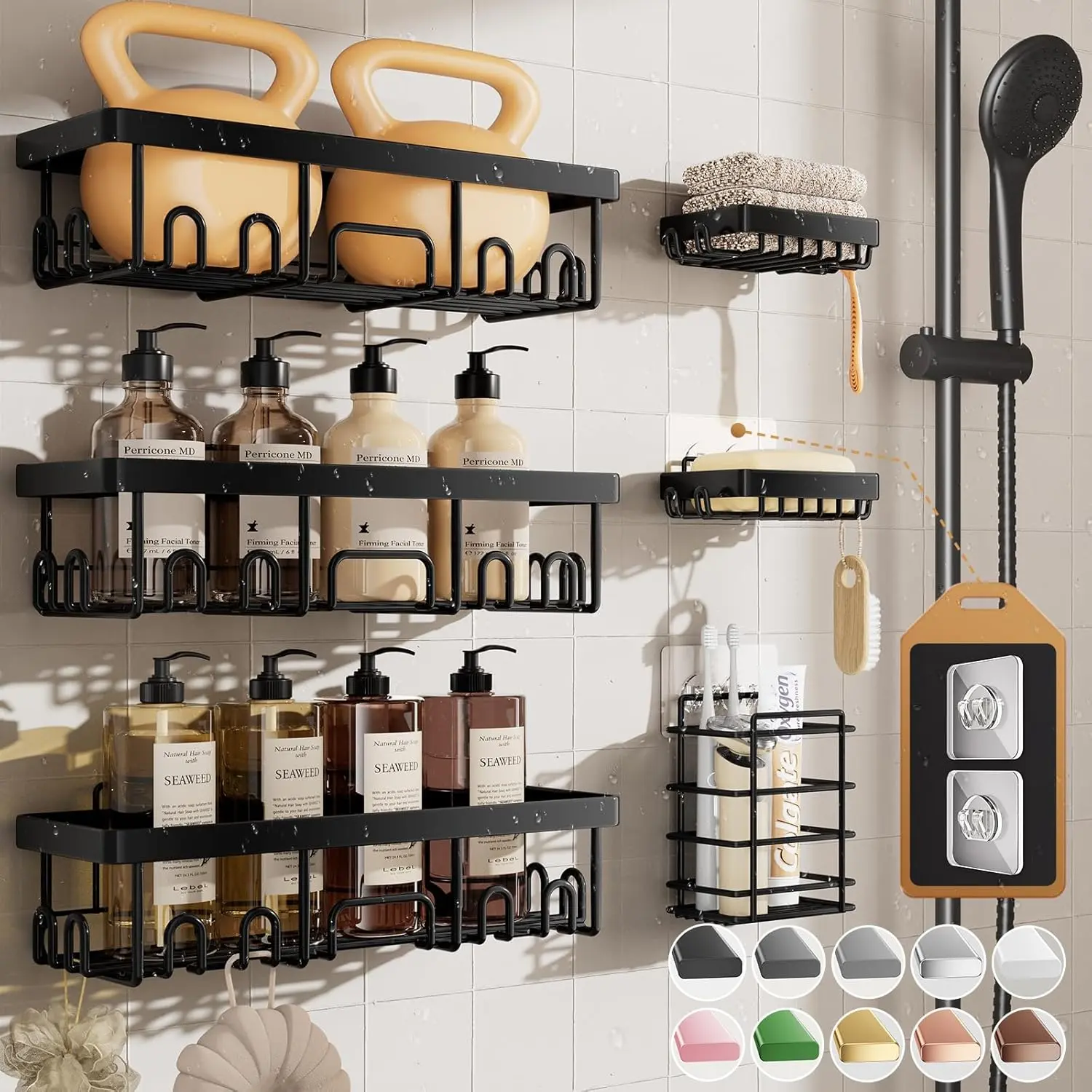 Rustproof & Waterproof Shower Caddy 6-Pack, No Drilling Adhesive Shelves Rack with Soap Holder, Large Capacity Bathroom Organizers and Storage, Wall-Mounted Kitchen & Home Decor Set Installation
