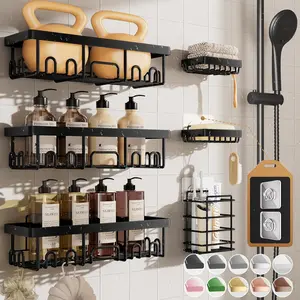 Rustproof & Waterproof Shower Caddy 6-Pack, No Drilling Adhesive Shelves Rack with Soap Holder, Large Capacity Bathroom Organizers and Storage, Wall-Mounted Kitchen & Home Decor Set Installation