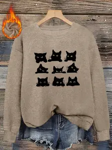 Women's Autumn Winter Cute Cat Print Round Neck Faux Fur Sweater, Soft Adorable Youthful Atmosphere Pullover, Casual Graphic Top