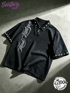 Unisex 100% Cotton Washed Black Studded Aesthetic Polo Shirt with Gothic Script Print American Punk Streetwear Loose Top