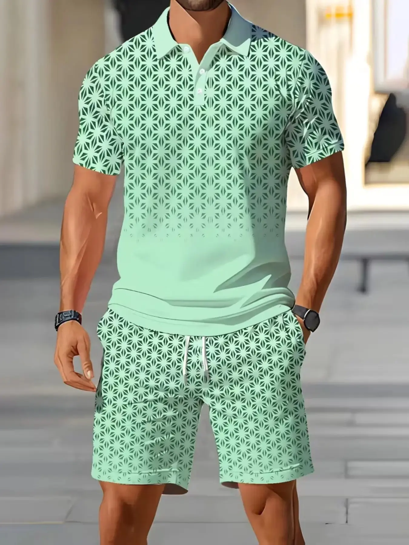 Men's Summer Casual Outfit, Short Sleeve Polo Shirt with Shorts, Geometric Print, Fashionable and Comfortable, Breathable Two-Piece Menswear Clothes, Casual Shorts Set