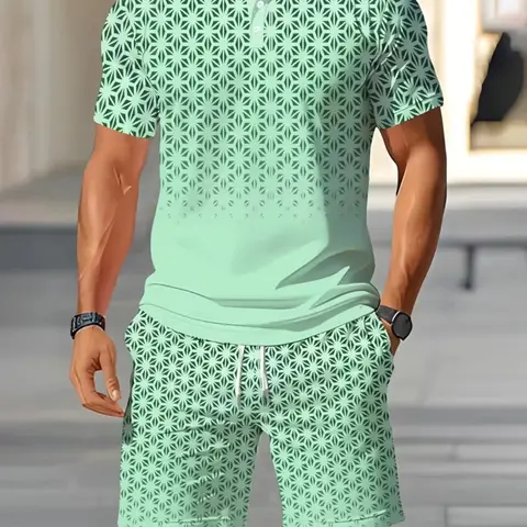 Men's Summer Casual Outfit, Casual Clothing Set, Short Sleeve Polo Shirt with Shorts, Geometric Print, Fashionable and Comfortable, Breathable Two-Piece Menswear Clothes