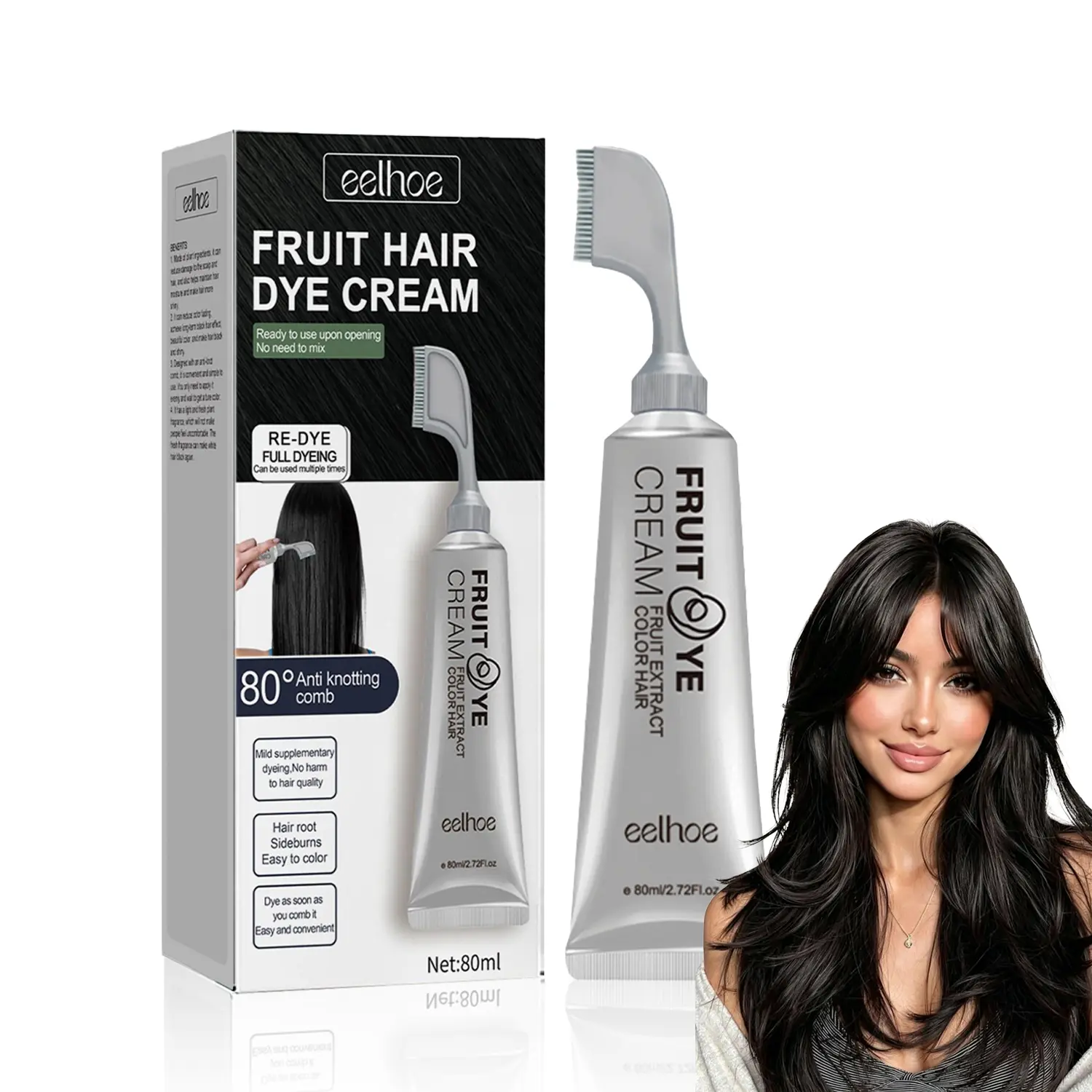 Natural Plant Extracts Unisex Hair Dye Cream, Targeted Gray Coverage, Root/Sideburns Touch-up & Full dyeing, without Blending, 2-in-1 Grey Coverage & Haircare (Black, 1 Count)