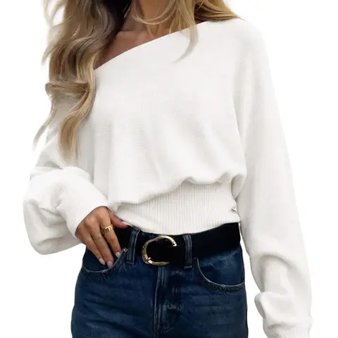 Imily Bela Off Shoulder Sweater Long Sleeve Knit Top Women's Casual Slouchy Cinched Waist Pullover Jumper