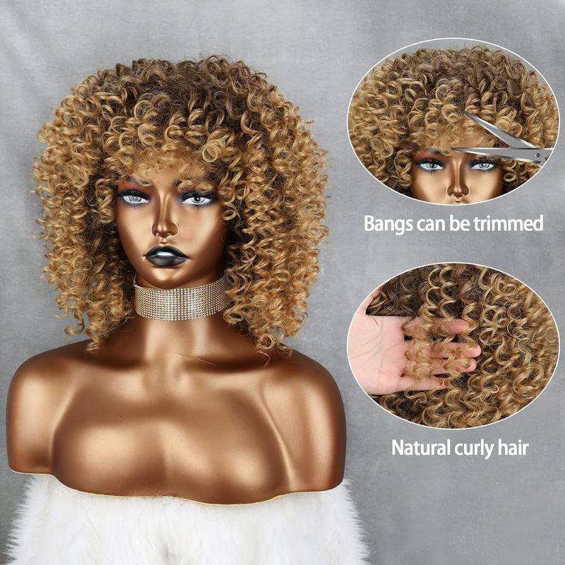 Xinran 14-inch Blonde Curly Synthetic Wig Brown Mixed Gold Afro Wig for Black Women Heat Resistant Everyday Wear Brown to Gold Style