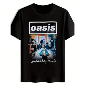 Oasis "Definitely Maybe" Graphic T-Shirt - Black Short Sleeve Crew Neck, Vintage Rock Band Print, cotton, Casual Summer Top for Men, Ideal for Travel, Dates, Beach Vacations, Festivals, Gift