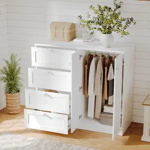 VOWNER 4 Drawer Wardrobe Closet with Hanging Rod & Doors, Space-Saving Armoire with Deep Drawers, Modern Storage Cabinet for Bedroom, Small Space Organizer
