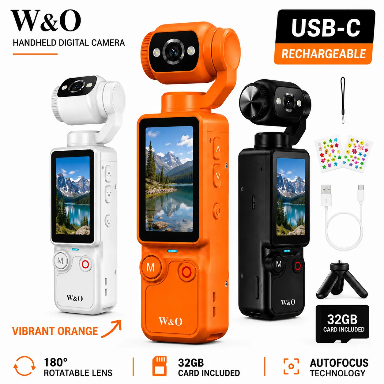 W&O Q7 Portable Vlogging Camera with 180° Rotating Lens, 1.9" Screen, 32GB Memory Card and Mini Tripod, USB-C Rechargeable Handheld Camera for Travel, Selfies and Daily Recording