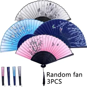 Chinese & Japanese Silk Folding Fan Bamboo Fan Classical Dance Fan High-Quality Tassel Elegant Women's Fan Flower Design Home Decor, 3pcs Craft Fans