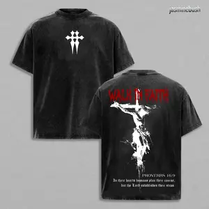 Walk In Faith Vintage Washed Oversized Christian T-Shirt, Proverbs 16:9 Scripture Graphic Tee, Heavy Cotton Dark Faith Streetwear Top, Unisex Retro Worship Shirt for Believers